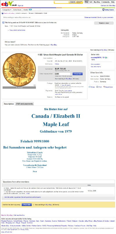 rocalady20579 eBay Listing Using our 2008 Canadian One Ounce Gold Maple Leaf Photographs